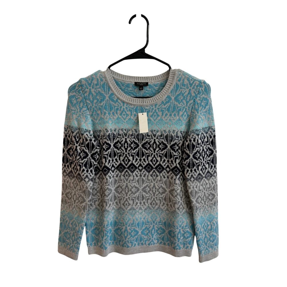 Talbots Petites NWT Fair Isle Blue Gray Sweater Sz P Lambswool Nylon Blend